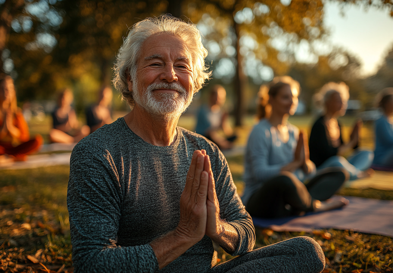 Група людей старшого віку займається йогою в спокійній атмосфері
