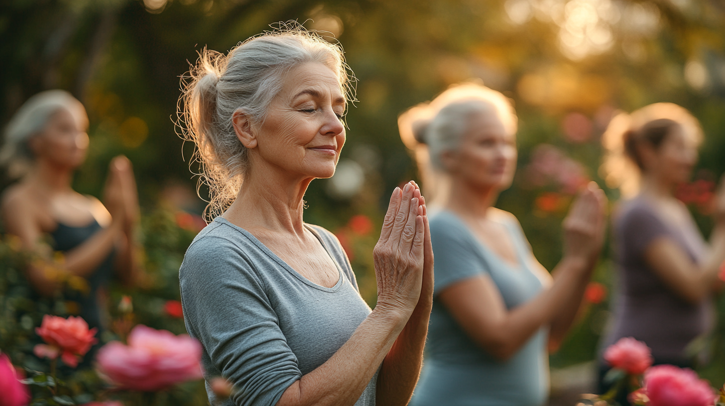 Щаслива жінка середнього віку виконує асану йоги на природі